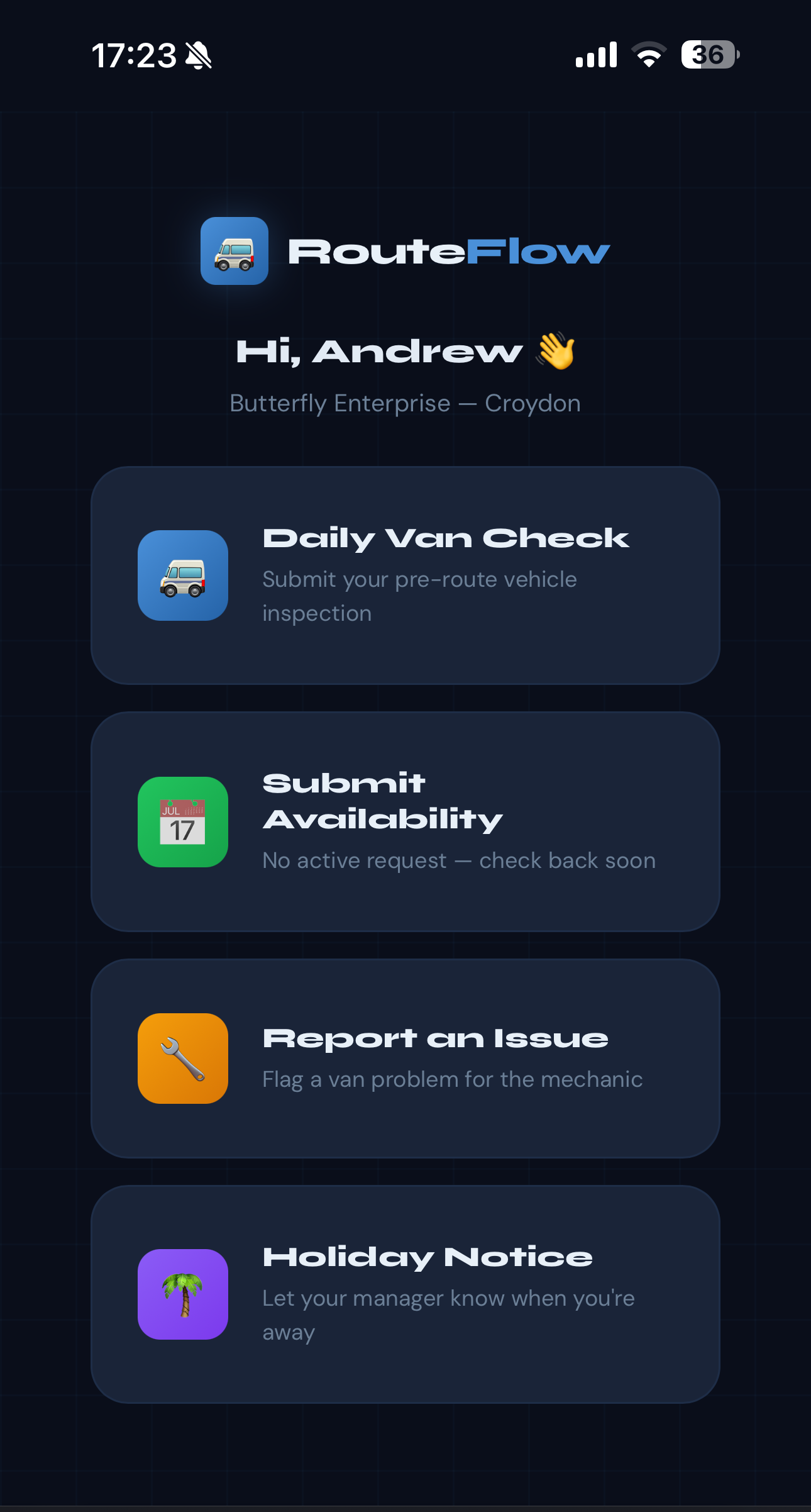 RouteFlow driver portal on mobile: daily van check, availability, issue reporting and holiday notice