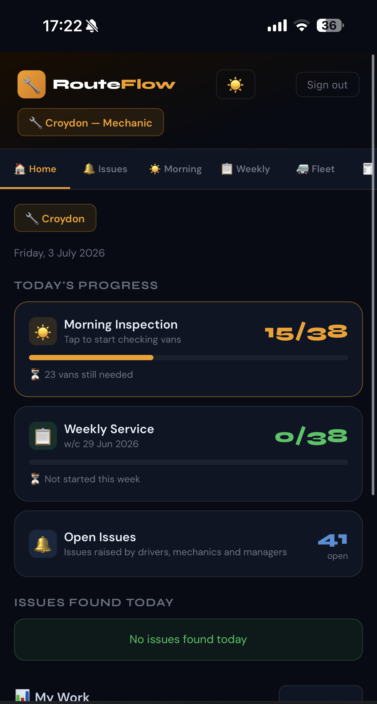 RouteFlow mechanic portal on mobile: morning inspection progress, weekly service and open issues
